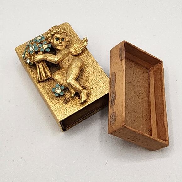 1930s Cherub Matchbox Holder Gold Gilt Blue Enamel Flowers Rhinestone Eyes - Picture 5 of 9